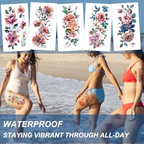 21 Large Floral Temporary Tattoos - Waterproof Flower Design Sheets
