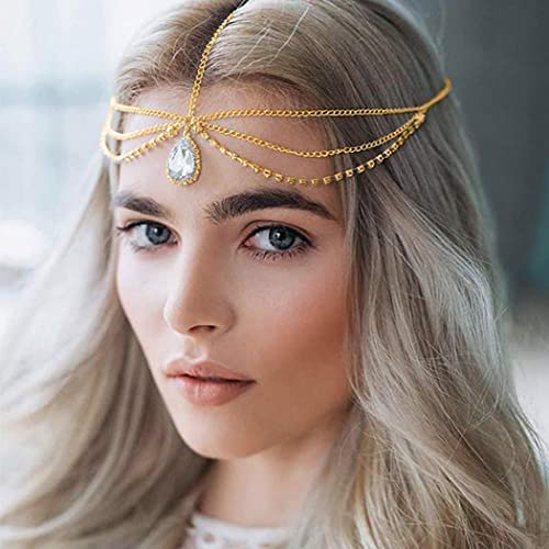 Catery Crystal Head Chains Jewelry Bohemia Pendant Hair Chain Bride Wedding Head Dress Rhinestone Headpiece Halloween Christmas Prom Hair Jewelry for Women (gold)