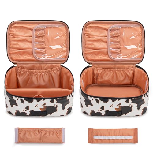 Montana West X Wrangler Travel Makeup Bag 2pcs Set Large Cosmetic Bag with Makeup Brush Holder Portable Make Up Organizer Cute Toiletry Bag with Divider and Handle for Women