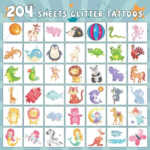 204 Sheets Glitter Temporary Tattoos for Kids Bulk Party Favors