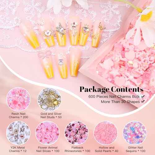 600Pcs Cute 3D Nail Charms and Gems, Pink Rabbit Bow Charms Alloy Butterfly Heart Star Nail Jewels with Nail Rhinestones, Mixed Gold Nail Studs Charms and Glitter Nail Sequins for Nail Design (Pink)