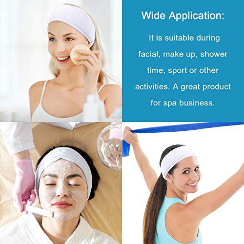 4 Counts Spa Facial Headband Whaline Head Wrap Terry Cloth Headband Stretch Towel with Magic Tape for Bath, Makeup and Sport, 3.5" Wide (White)