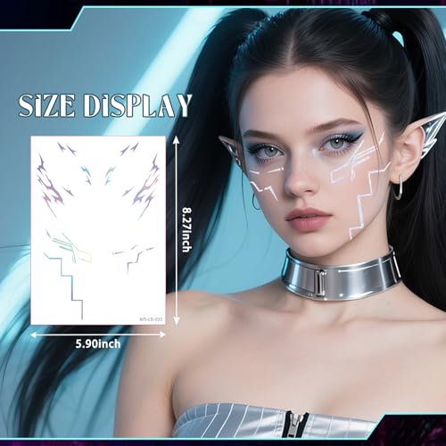 4 Large Sheets Dazzling Holographic Temporary Tattoos Stickers for Cosplay & Parties | Waterproof Long Lasting Fake Tattoo Body Art | Anime Fantasy Metallic Face & Arm Jewels