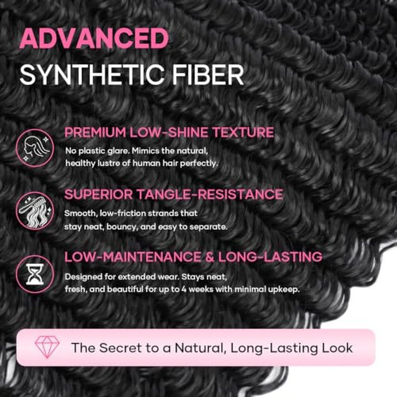 14" Deep Wave Hand-Tied Synthetic Crochet Hair Extensions