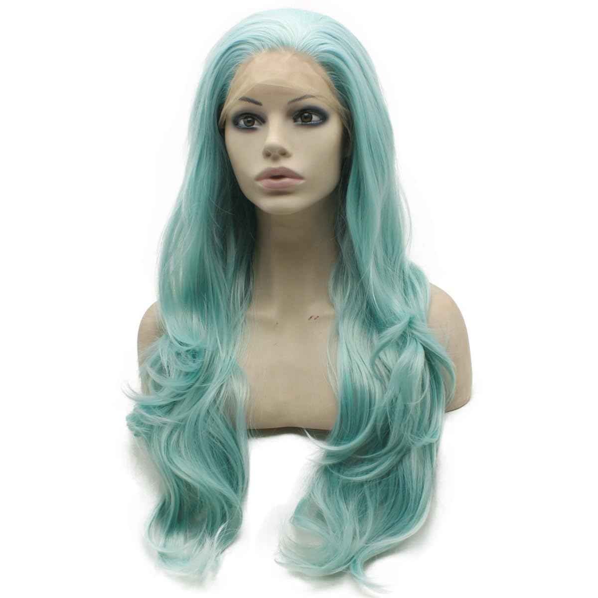 Mxangle Long Wavy Light Blue Half Hand Tied Synthetic Lace Front Wig Fiber Hair Costume Party Wig