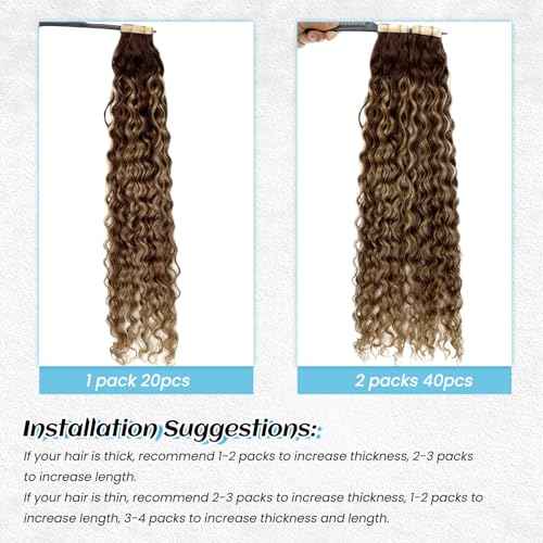 Highlights Tape in Hair Extensions Human Hair for Black Women Water Wave Tape in Extensions Human Hair 18¡± Loose Curly Ombre Chocolate Brown to Honey Blonde Highlights Real Remy Skin Weft Extension