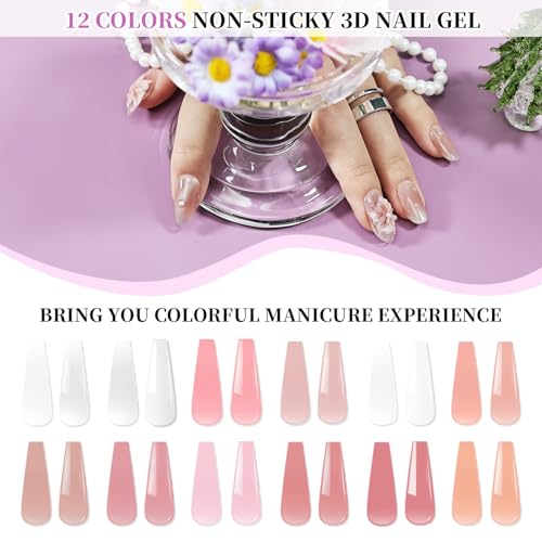 JEWHITENY 12 Colors Non-Sticky Solid Builder Gel Kit with Mini UV Lamp