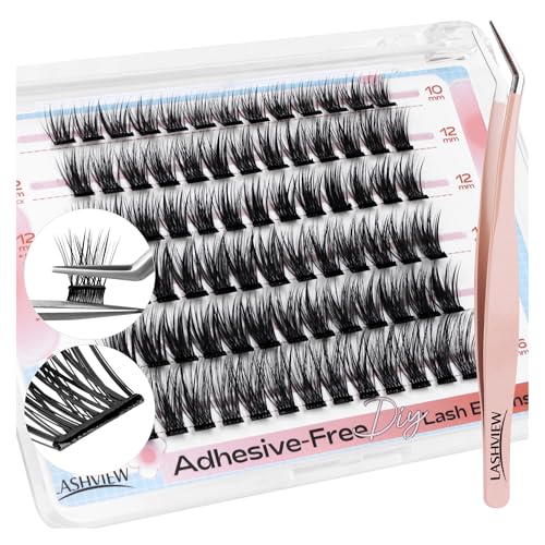 LASHVIEW Self Adhesive Eyelashes, D Curl Press On Lash Clusters Kit Pre Glued Eyelash Clusters with Applicator,No Glue No Remover Needed DIY Lash Extension Kit 10-16mm (N06 78Pcs)