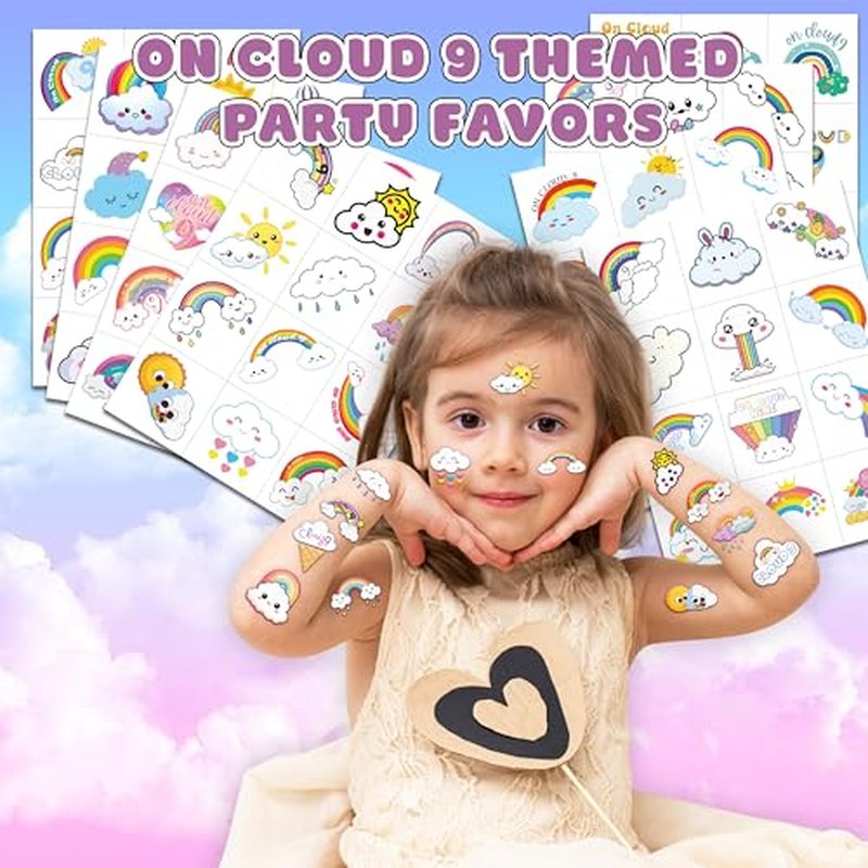 On Cloud 9 Temporary Tattoos Themed 9th Birthday Party Favors Decorations Supplies 103PCS Colorful Rainbow Tattoo Stickers Gifts For Boys Girls Kids Classroom School Prizes Carnival Christmas