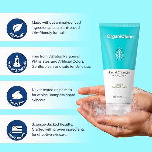 Facial Cleanser w/Organic Tea Tree & Salicylic Acid ? Gentle Daily Foaming Gel Face Wash for Deep Cleansing & Makeup Removal ? Unclogs Pores, Eliminates Dirt & Oil - No Dryness, (2 oz)