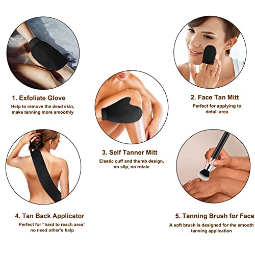 5-in-1 Self Tanner Mitt Applicator Kit - Professional Self Tanning Mitt Back Applicator, Mini Mitt, Brush and Exfoliator£¬No Streaks, No Orange Palms, Double-Sided Washable Tanning Gloves Set