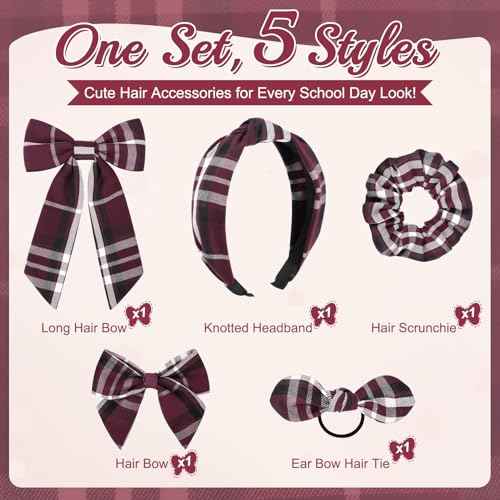 DEEKA 5 Styles Uniform Plaid Long Tail Hair Bows Knotted Headband Scrunchies Bow Set Alligator Clips Back to School Accessories for Toddler Little School Girls (Burgundy 5 Styles)