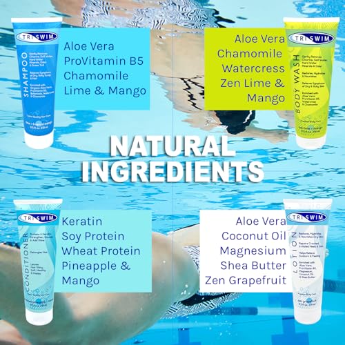 TRISWIM Pack of 4 Swim Care Set | Chlorine Removal Shampoo, Conditioner, Body Wash & Lotion, 8.5 fl oz Each | Removes Chlorine from Hair & Skin | Hydrates, Repairs & Protects Swimmers
