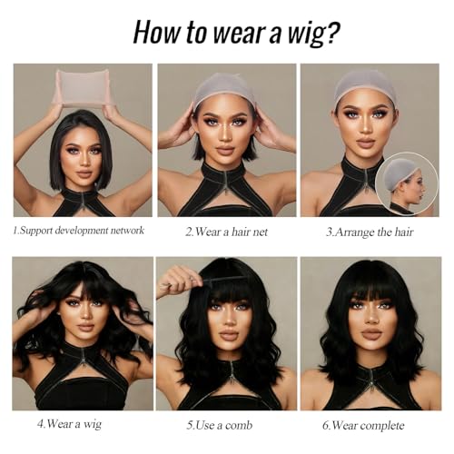 Short Black Wavy Bob Wig with Bangs for Women - Synthetic Daily Wear Hairpiece