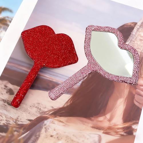 Rhinestone Handheld Mirror Heart Bling Glitter Cosmetic Dazzling Portable Hand Mirrors with Handle for Women Wedding Party (All Pink)