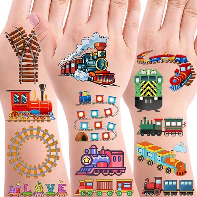 192PCS Colorful Train Tattoos Temporary Stickers Suitable for transportation Themed Birthday Party Favors Supplies Decorations Goodie Bag Stuffers (24 Sheets)