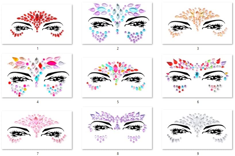 Face Gems Adhesive Glitter Jewel Tattoo Sticker Festival Gems Rave Party Body Make Up (9 PCS Z9ZAKMIX-C)