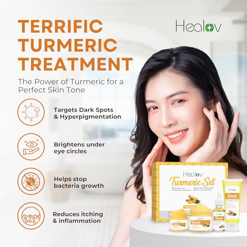 Turmeric Skincare Set ? Turmeric Face Cleanser, Body Scrub, Cream & Facial Serum ? Skin Brightening Hyperpigmentation Treatment, Dark Spot Corrector ? Skincare Kit for a Glowing Complexion