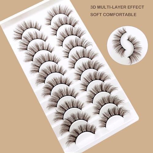 Brown Eyelashes Natural Look Dark Brown False Lashes Wispy Faux Mink Lashes Fluffy Fake Lashes 3D Strip Evelashes Pack 10 Pairs(MQ607)