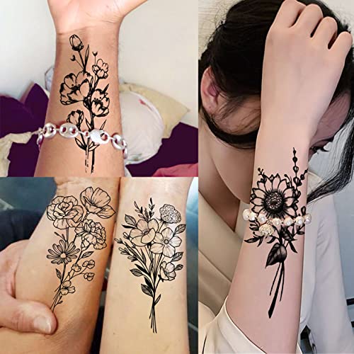 19 Sheets Black Flower Temporary Tattoos for Women