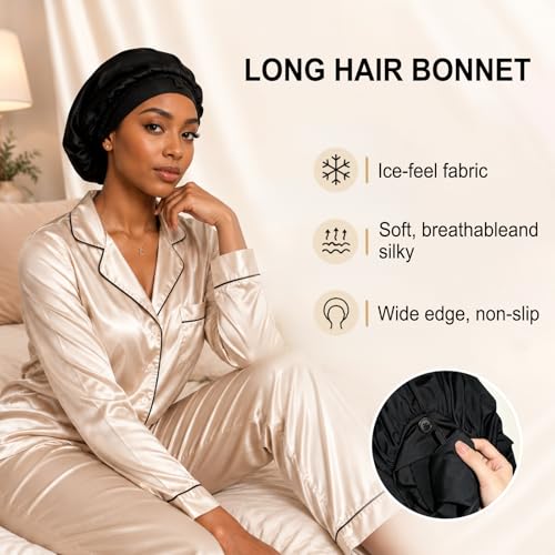 Ice Silk Bonnet for Long Hair - Non-Slip, Breathable Sleep Cap