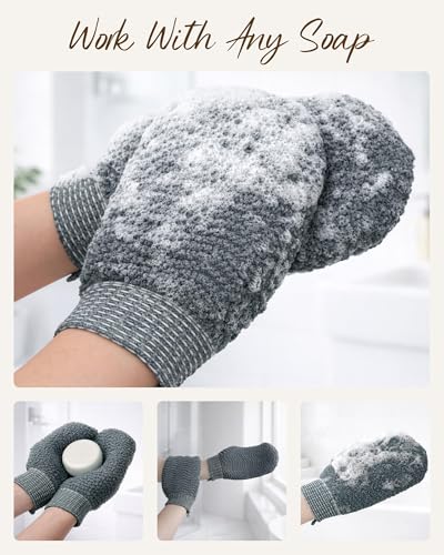 Fundrem 2-Pack Gray Wave Textured Exfoliating Gloves for Body, Dead Skin Remover