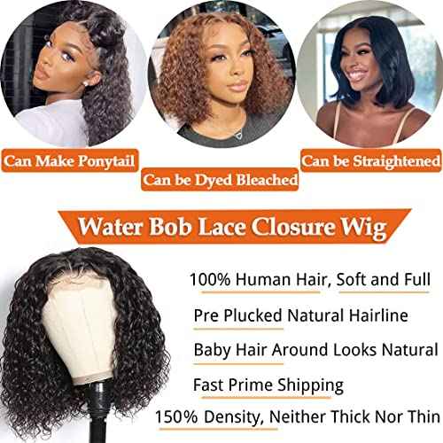 Short Wet and Wavy Curly Lace Front Wigs Human Hair 14Inch, 4x4 Water Wave Lace Frontal Bob Wig Human Hair Glueless Pre Plucked 150% Density Natural Black Color