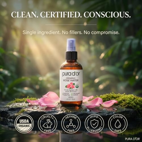 PURA D'OR Organic Rose Water Toner 4 oz | Hydrating Facial Spray