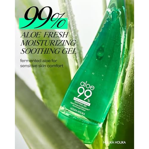 HOLIKA HOLIKA Aloe Fresh Moisture Soothing Gel - Face Body Moisturizer - Fermented Aloe and Cica - Hydrating Cooling Hypoallergenic Korean Skincare for Sensitive Sunburned Skin, 8.45oz