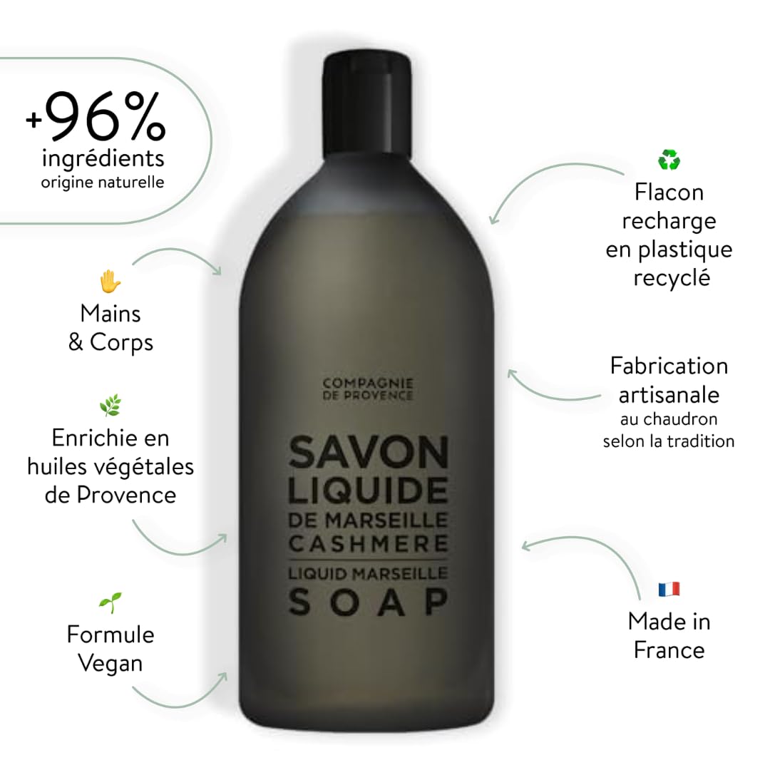 Compagnie de Provence Savon de Marseille Nourishing Liquid Soap, Cashmere, 33.8 Fl Oz Plastic Bottle Refill