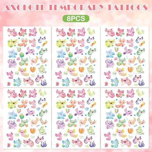8 Sheets Axolotl Temporary Tattoos Stickers - 200+ Designs