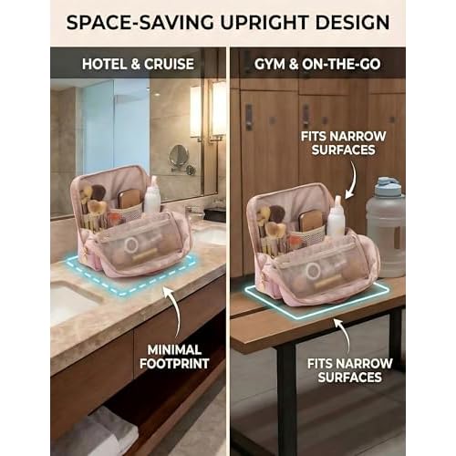 Large Standing Makeup Bag, Sturdy PU Leather Cosmetic Organizer with Fold-Down Phone Tray, Waterproof Travel Toiletry Case with Wipeable TPU Brush Holder, 9.5 Inch, Pink