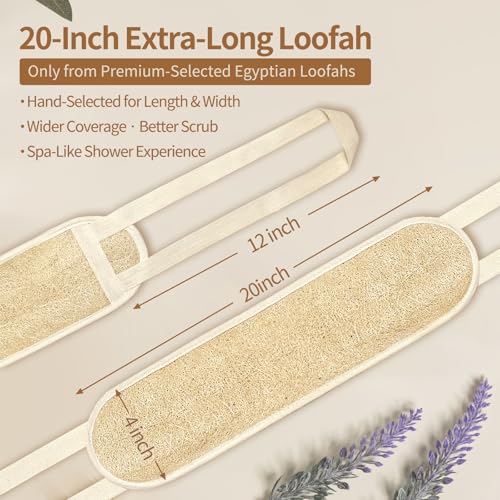 Natural Egyptian Loofah Back Scrubber for Shower,Extra Rough,Deep Exfoliating,Rich Foam,Quick Drying Dual-Handle Strap Exfoliator for Men and Women