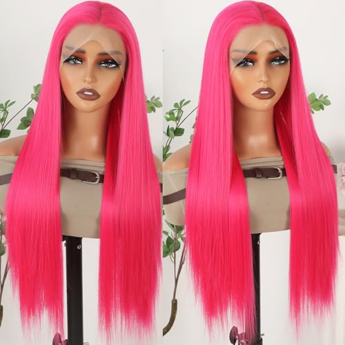 Hot Pink Lace Front Wigs Wear and Go Glueless Wig Pre Plucked Long Straight Hair Wig Magenta Pink Wigs Ready to Wear Wigs Heat Resistant Synthetic Lace Front Wigs for Women