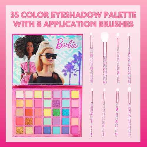 Barbie 35-Well Shadow Palette, Shimmery and Opaque Colors, Pigmented Blendable, 8 Application Brushes Ages 8+, Perfect for Parties, Sleepovers & Makeovers, By Townley Girl