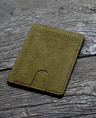 Buffway Slim Minimalist Front Pocket RFID Blocking Leather Wallets for Men and Women - At Sahara Desert Green