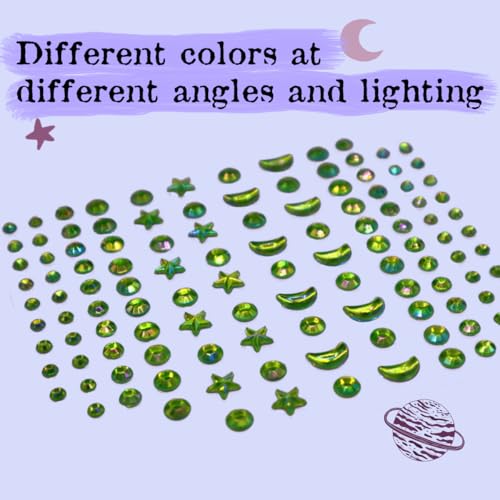 Moon Stars Face Gems Jewels Stick for Women Hair Face Diamonds Crystal Rhinestones Rave Party Festival Alien Club Body Face Eye Nail Makeup Stickers Temporary Tattoos (Green)
