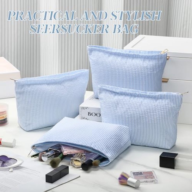 Sanwuta 4-Piece Seersucker Striped Makeup Bag Set, Blue