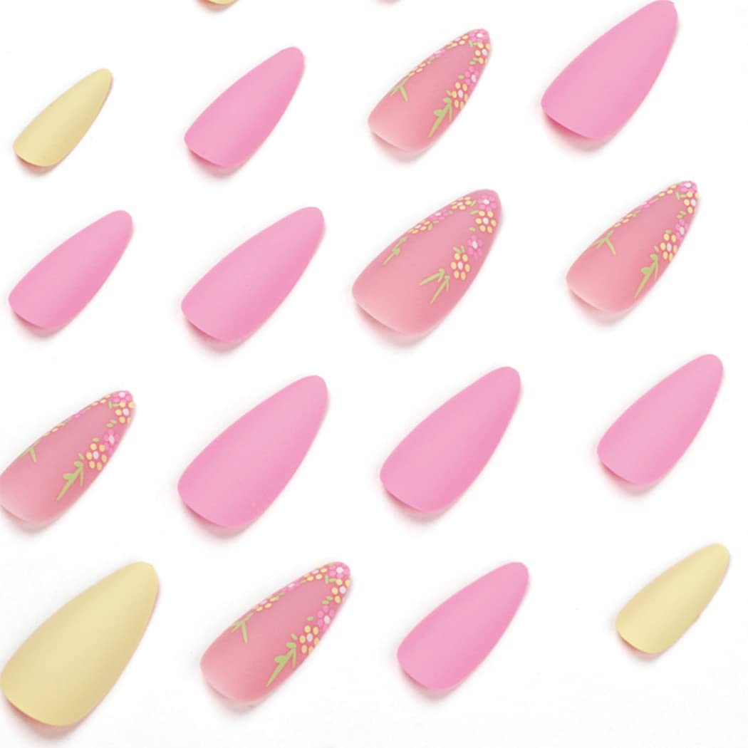 Outyua Tiny Flower Matte Almond Press on Nails Nude Medium Length False Nails with Designs Acrylic Nail Tips Artificial Fake Nail with Adhesive 24Pcs for Women and Girls (Tiny Flower)