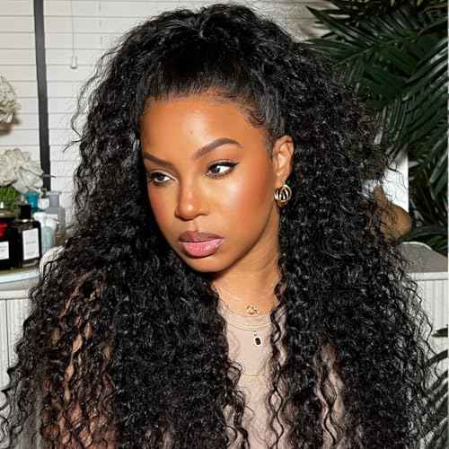 Half Wig Human Hair Curly 200% Density Upgrade Invisible Hairline Drawstring Seamless Flip Over 3 In 1 Half Wigs for Women Wear Go Glueless Deep Wave Wigs Beginner Friendly 26 Inch