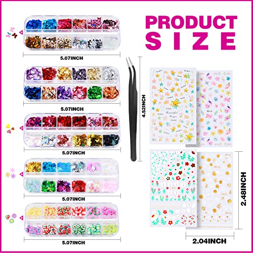 Teenitor Nail Stickers, 12 Sheets Nail Art Stickers 3D Self-Adhesive and 5 Boxes Butterfly Nail Sequins Heart Glitter Foil Flakes Nail Fruit Slices Nail Decorations for Nail Art