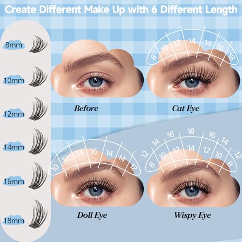 KevKev Lash Clusters 168 Pcs Cluster Lashes DIY Lash Extensions Mixed Styles Individual Lashes Eyelash Clusters Thin Band & Soft Lashes that Look Like Eyelash Extensions(Cloudy & Cirrus, D-8-16mix)