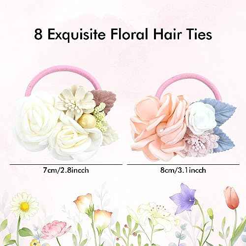 Cinaci 8 Pack Decorative Pearl Flower Hair Ties Rubber Bands Floral Ponytail Holders Hair Scrunchies Ropes Elastics Accessories for Toddlers Kids Teens Girls