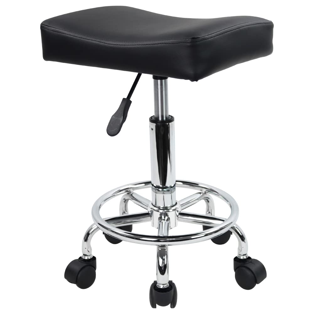 KKTONER Square Rolling Stool PU Leather Height Adjustable Swivel Massage SPA Salon Stools Task Chair with footrest (Black)