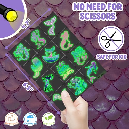 72 PCS Mermaid Party Favors ? 48 PCS Luminous Tattoos & 24 PCS LED Finger Lights Combo ? Birthday Goodie Bag Fillers, Party Supplies, Gifts Light Up Toys Glow In The Dark for Boys and Girls