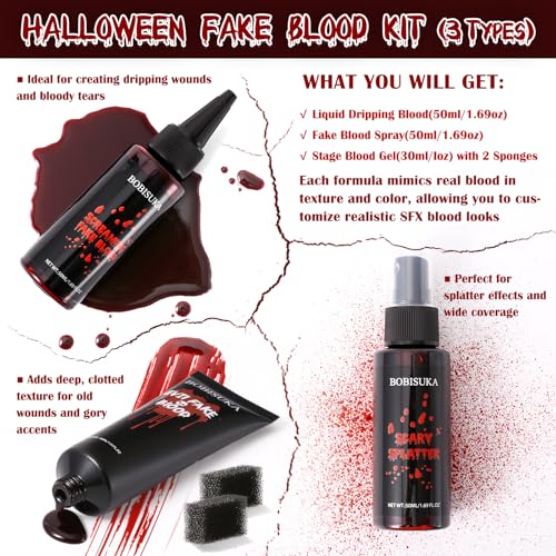Halloween Fake Blood Kit with Spray, Gel & Sponges