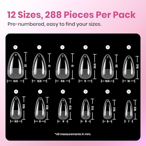 Beetles B-Almond Short Nail Tips 288pcs Set with Nail Glue – No Filing Needed