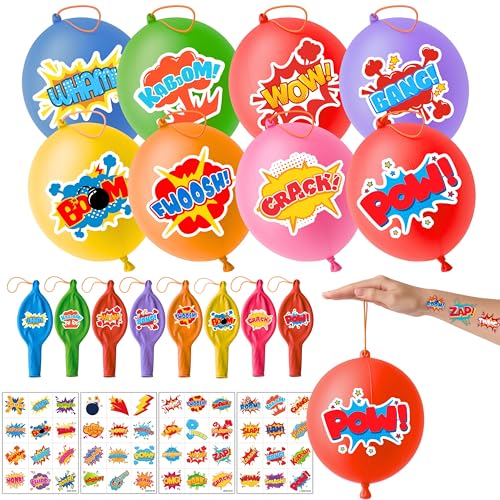 72 PCS Hero Party Favors ? 48 Pre-Cut Temporary Tattoos & 24 Hero Punch Balloons Themed Birthday Party Decorations Supplies Favors Gifts Goodie Bag Fillers Classroom Rewards for Boys Girls