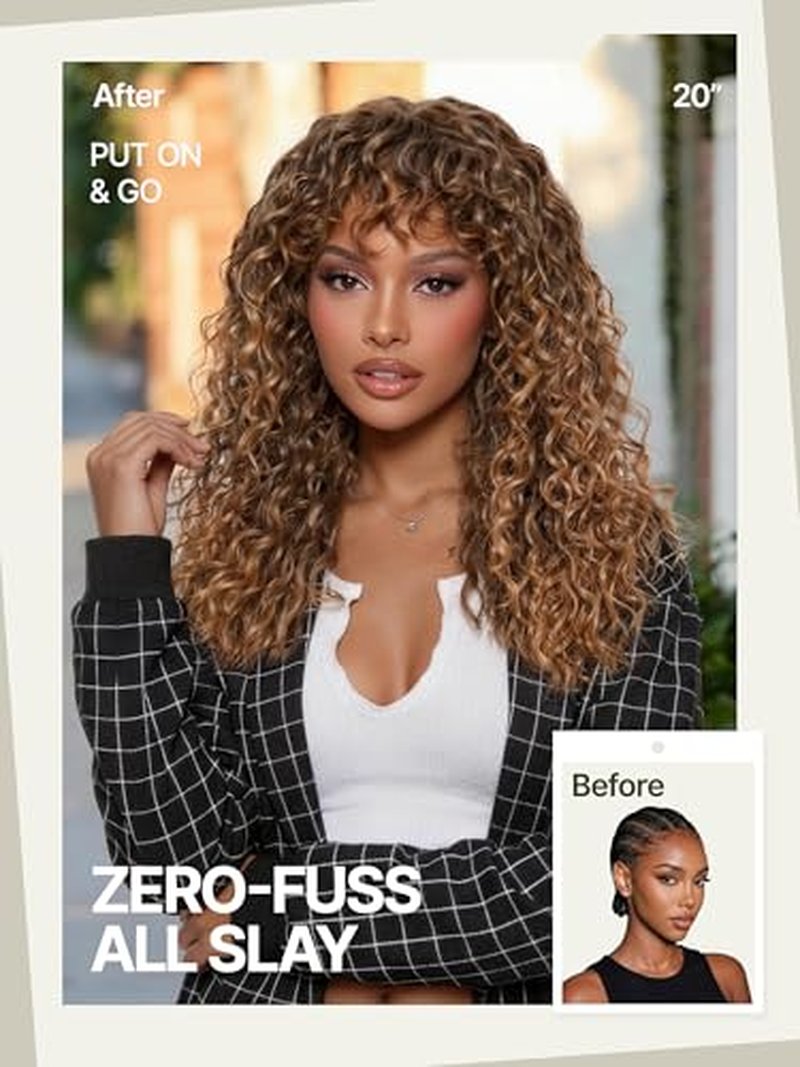 Frodio 20-Inch Curly Wig with Bangs - 200% Density Glueless Brown