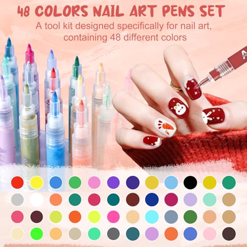 48 Color Nail Art Pens for Painting Nails, 0.7 MM Nail Polish Pens Drawing Point Liner Acrylic Painted Pen Kit, Waterproof Quick-drying for DIY Nails Art Design Manicure Tools